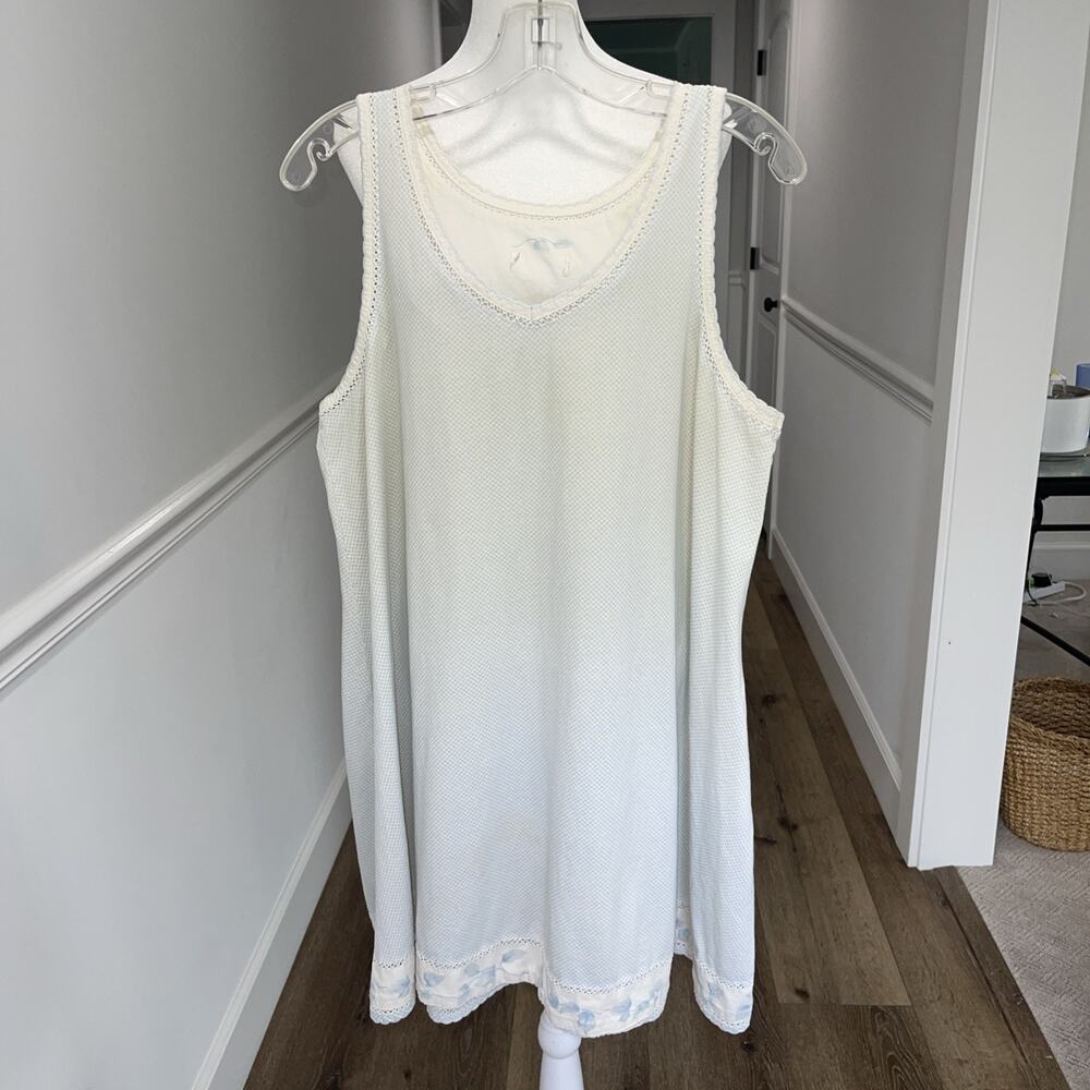 Vintage Women XL Night Dress Shirt Cotton V Neck Micro Check Lace Trim Swing